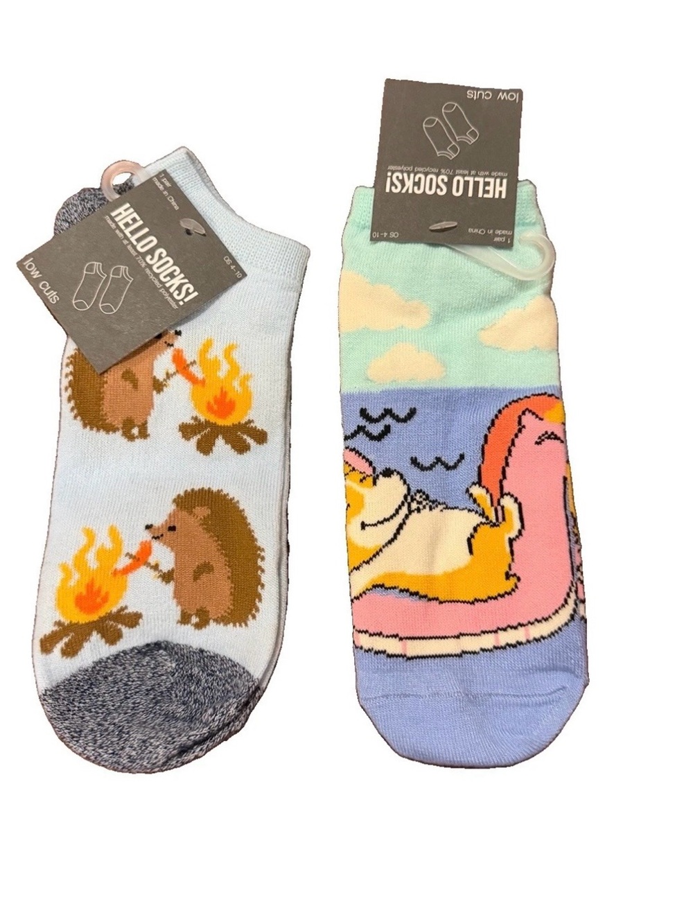 2 PAIRS Women's Novelty Low Cut Socks Hedgehog Corgi NWT
